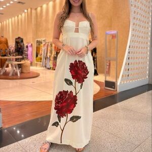 FARM Rio  White Dress with Red Floral Design Size L